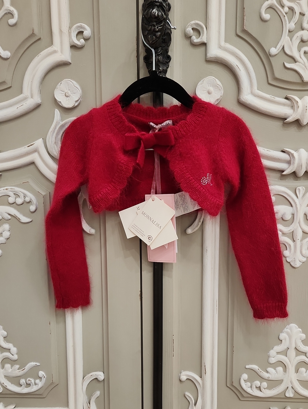 MonnaLisa Bebè Red Bow Bolero Cropped Cardigan Angora Wool Knit Size 2 BNWT